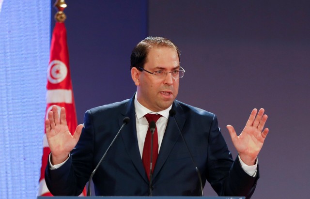 Tunisia's Prime Minister Youssef Chahed speaks during a national conference over 2019 budget in Tunis